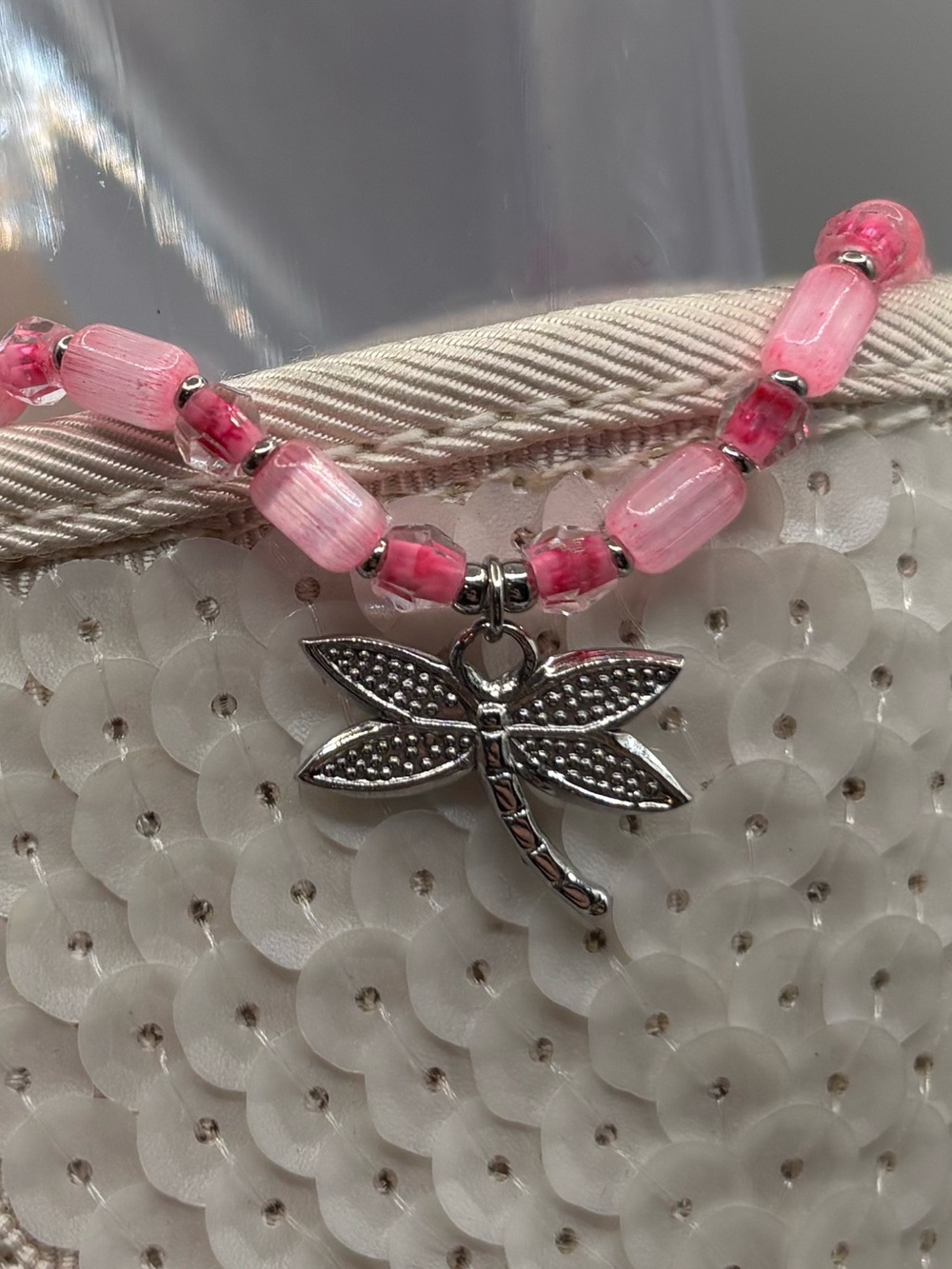 *ANKLET* S.Steel Dragonfly & Pink Cat’s Eye Glass Stretchy Anklet - Picture 3 of 4